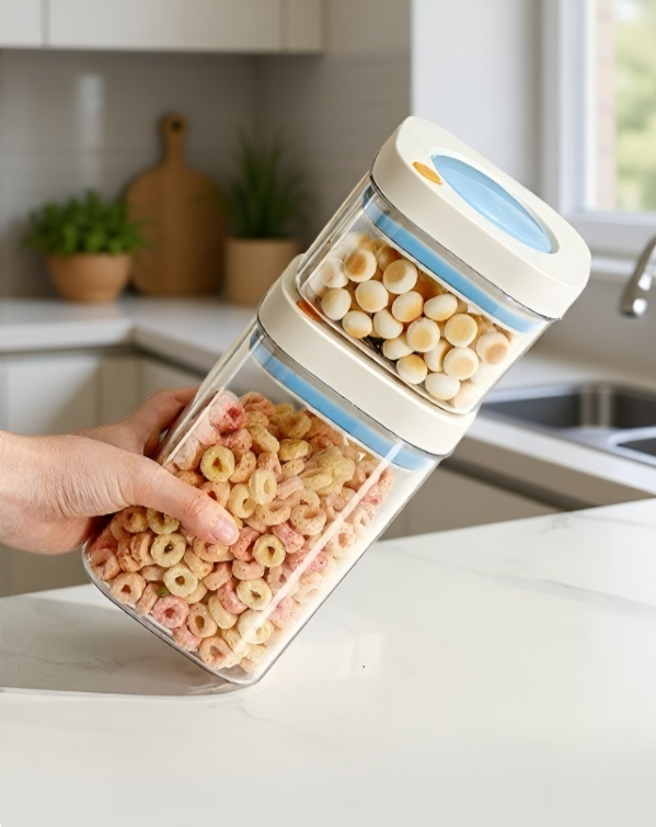 주방에서 사용 중인 곡물 저장 항아리