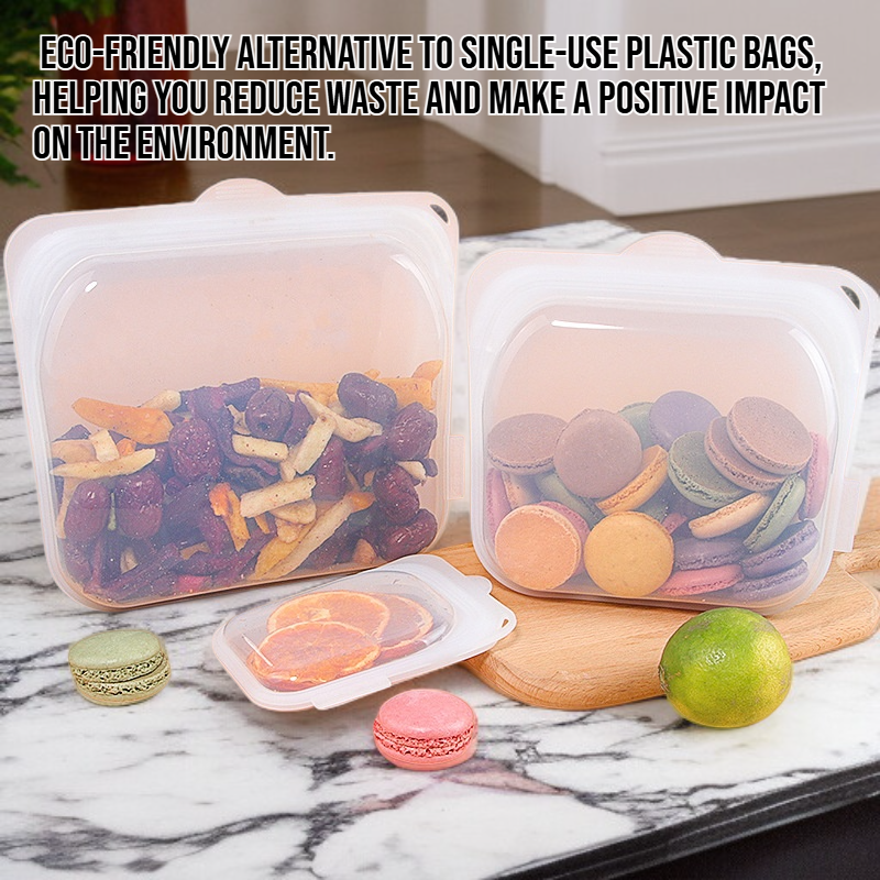 Reusable silicone food storage bags in kitchen setting
