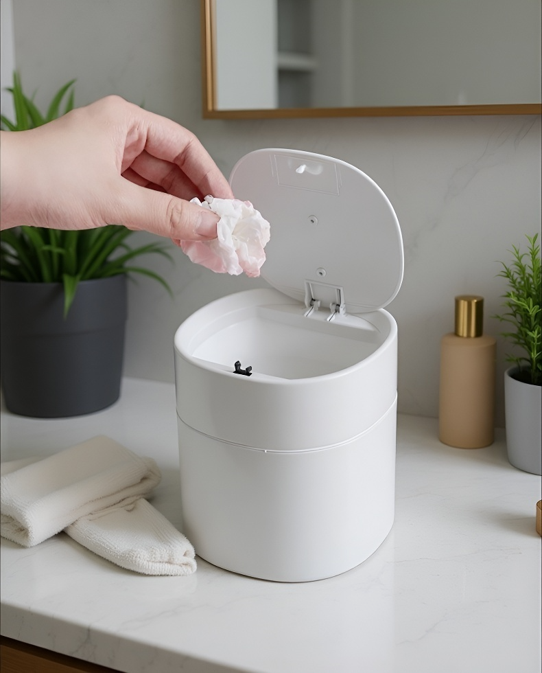 Compact flip-top trash can in a small apartment