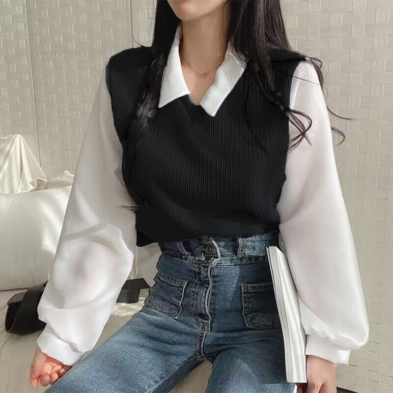 フェイクレイヤードPOLOカラーゆったり長袖スウェット レディース