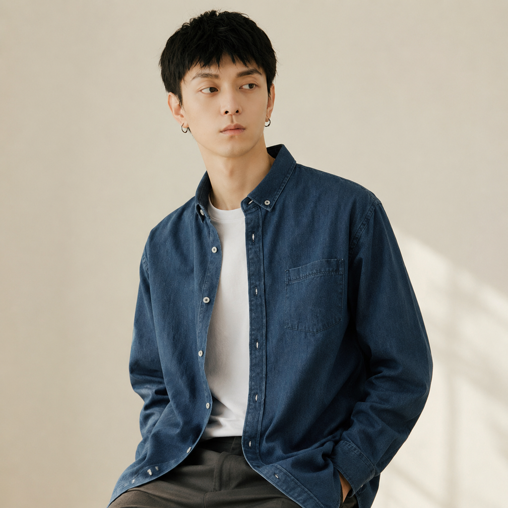 봄가을 청년 캐주얼 데님 긴팔 셔츠