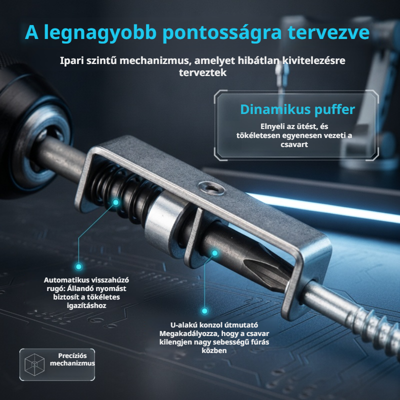 Rugós csavar rögzítő fúrófej egykezes működtetéssel, univerzális csavarrögzítő eszköz