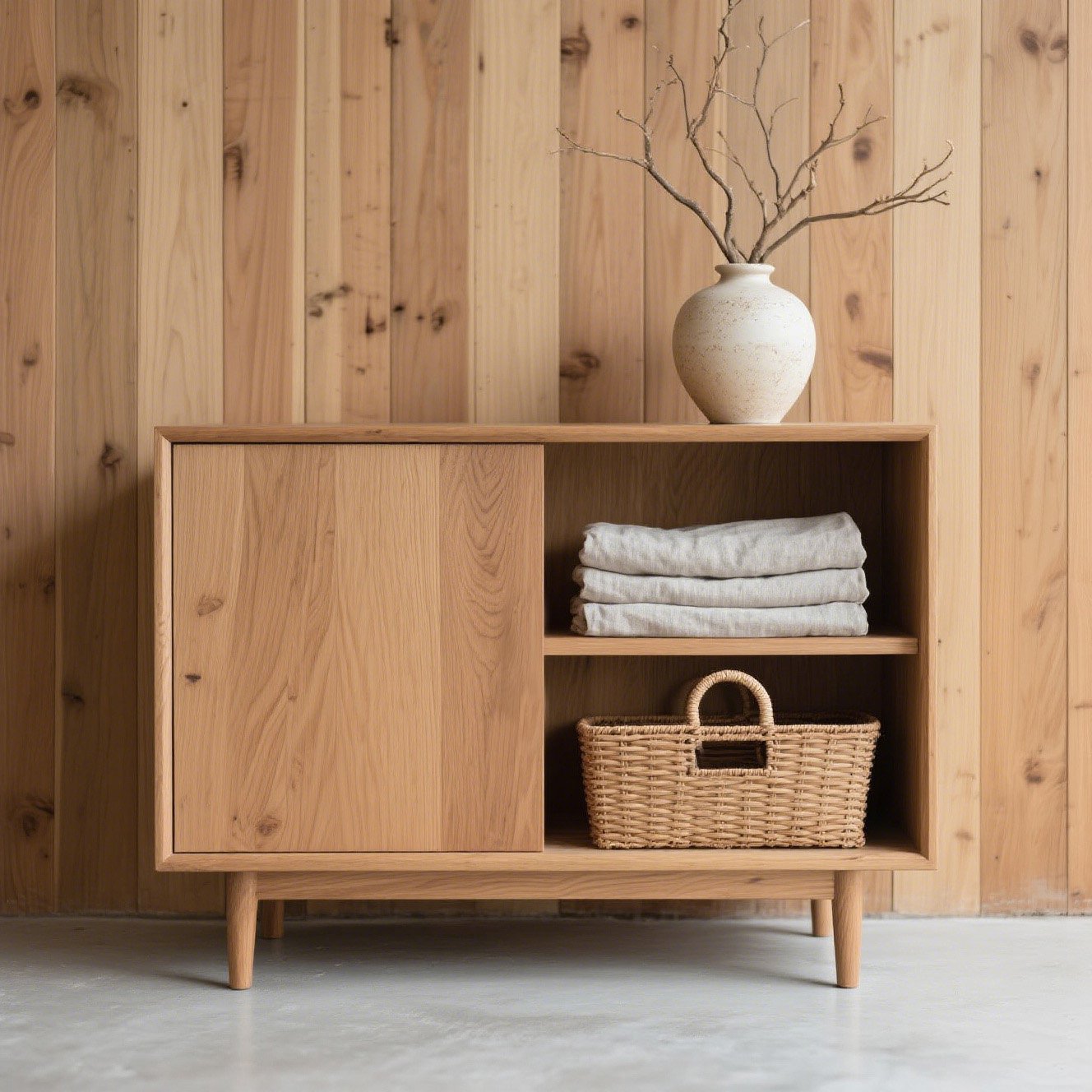 天然木を使用したローキャビネットの質感