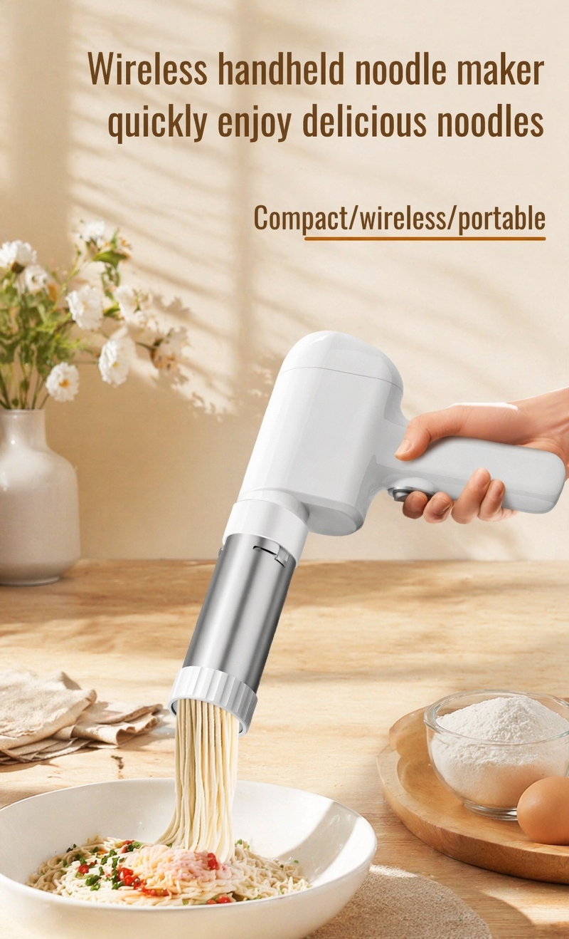 Handheld noodle maker creating fresh pasta at home