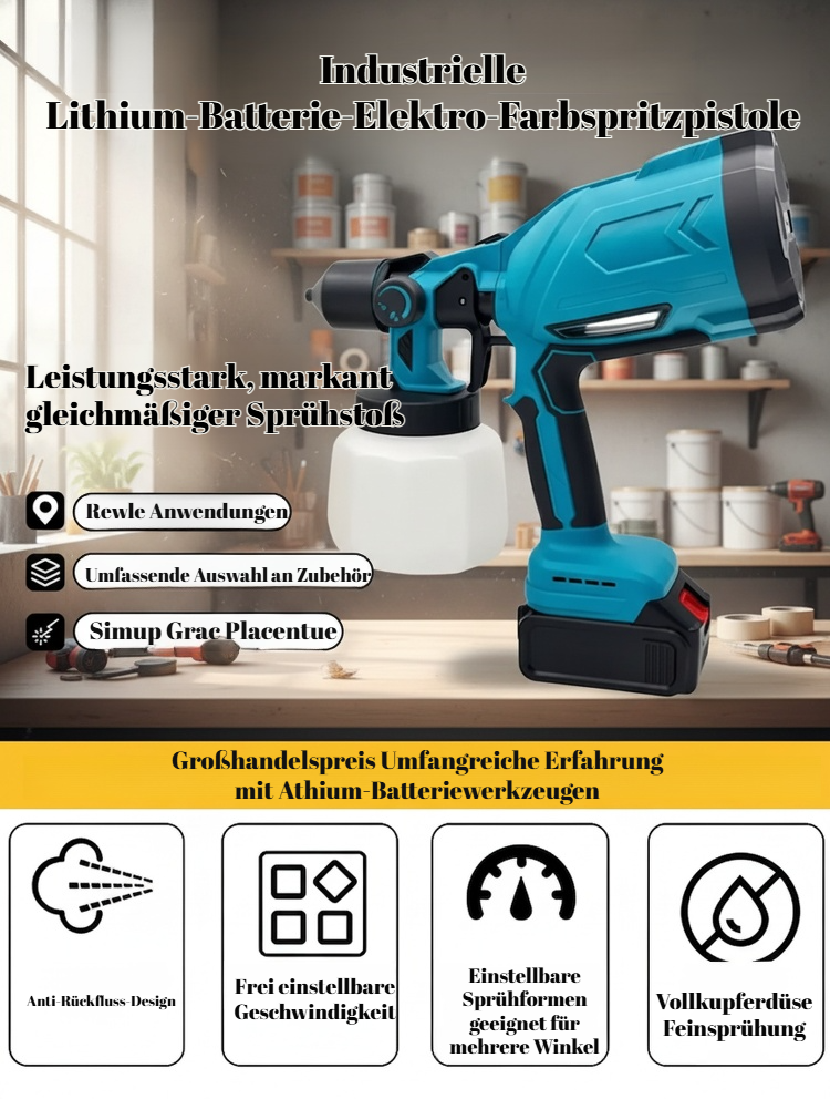 Heimwerker verwendet die kabellose Farbspritzmaschine an einer Wand