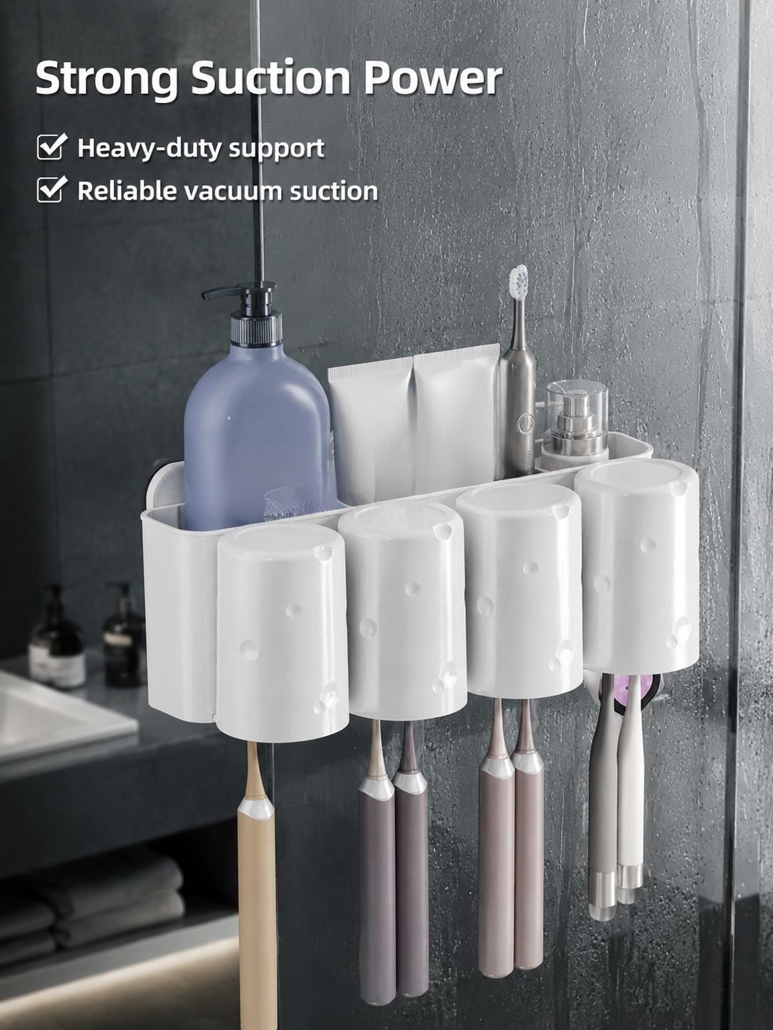 Tool-free suction toothbrush holder for bathroom storage
