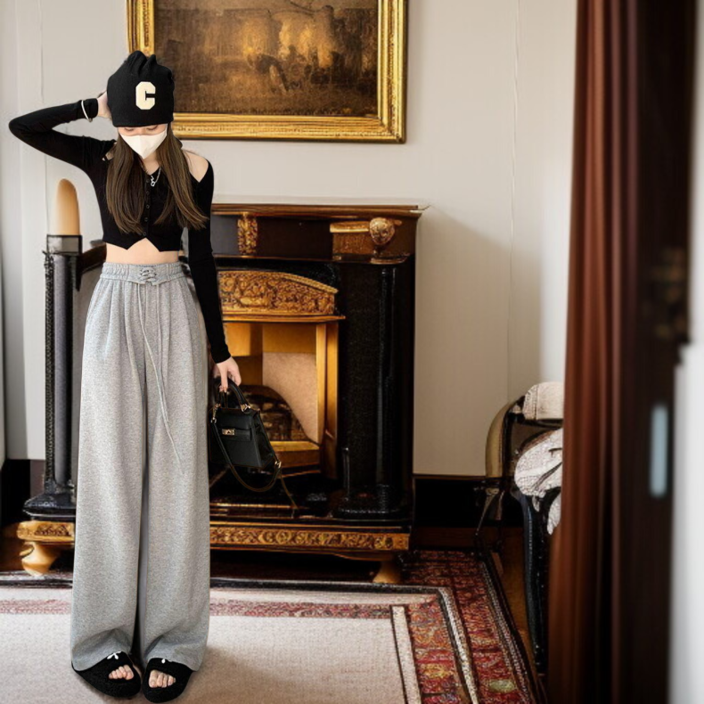와이드 팬츠 여 하이웨스트 처짐 일자 캐주얼 팬츠 그레이 와이드 팬츠