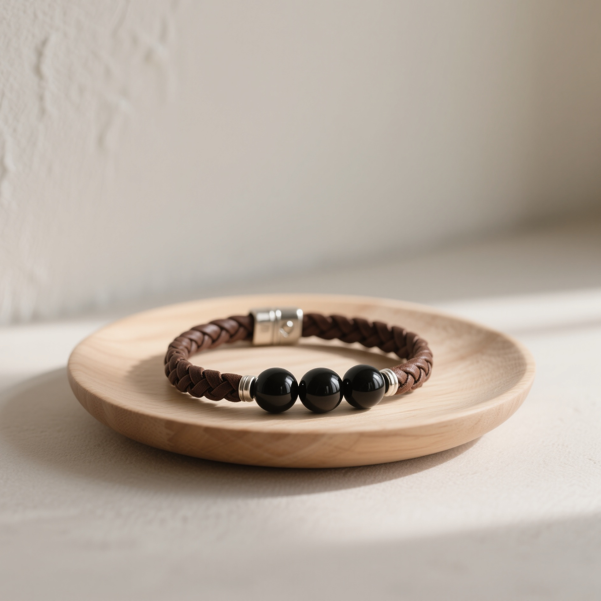 천연 흑요석과 가죽이 조화된 팔찌 디테일