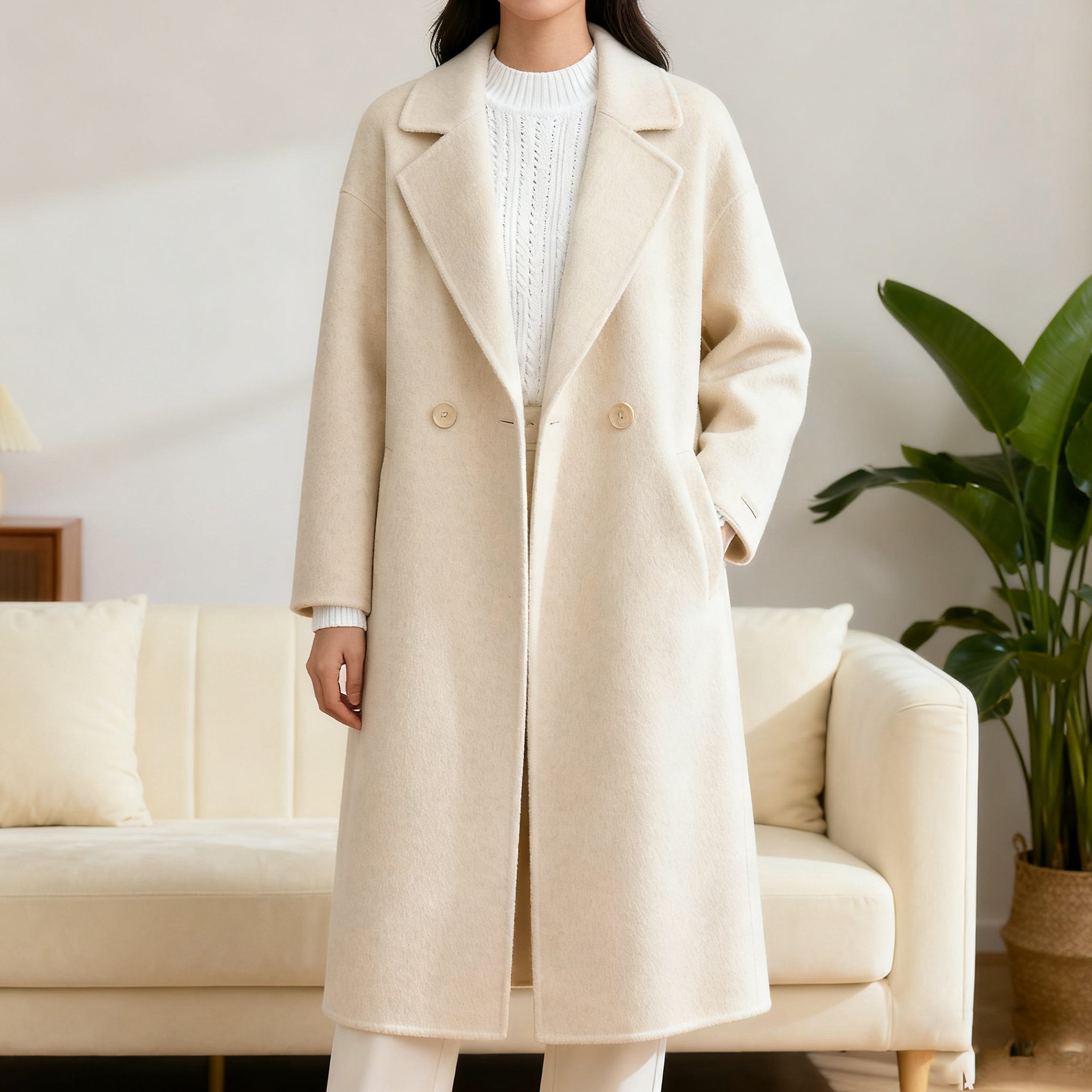 여성스러운 크림 화이트 클래식 울 코트