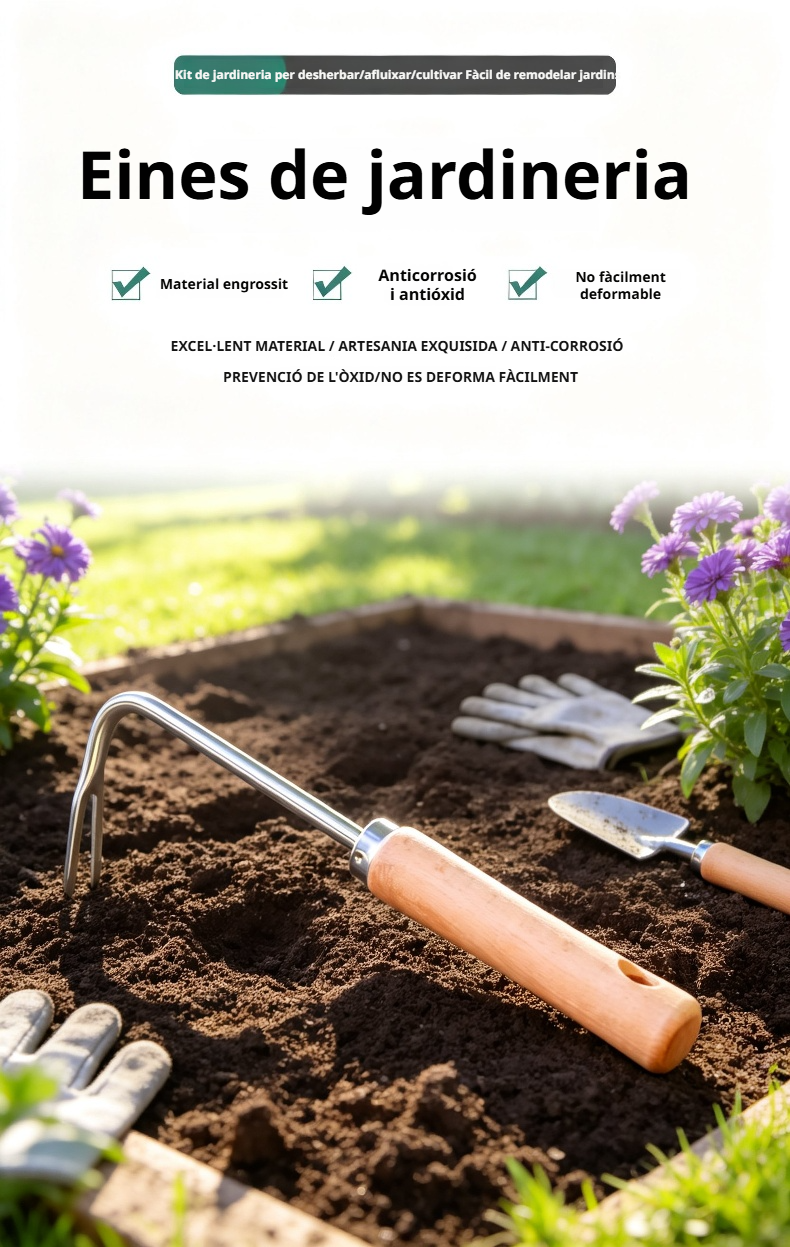 Detall del mànec ergonòmic de la forquilla de jardineria