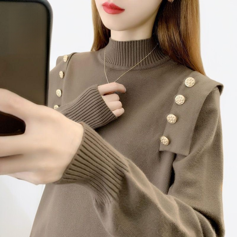 가을 겨울 신상품 여성용 풀오버 하프 터틀넥 스웨터 두꺼운 바닥 버튼 스웨터 상의