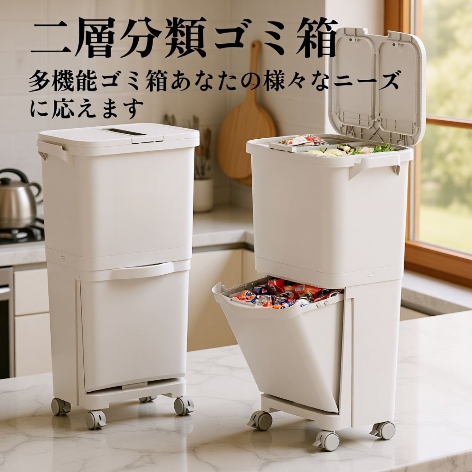 キッチン用大容量蓋付き二層乾湿分別ゴミ箱
