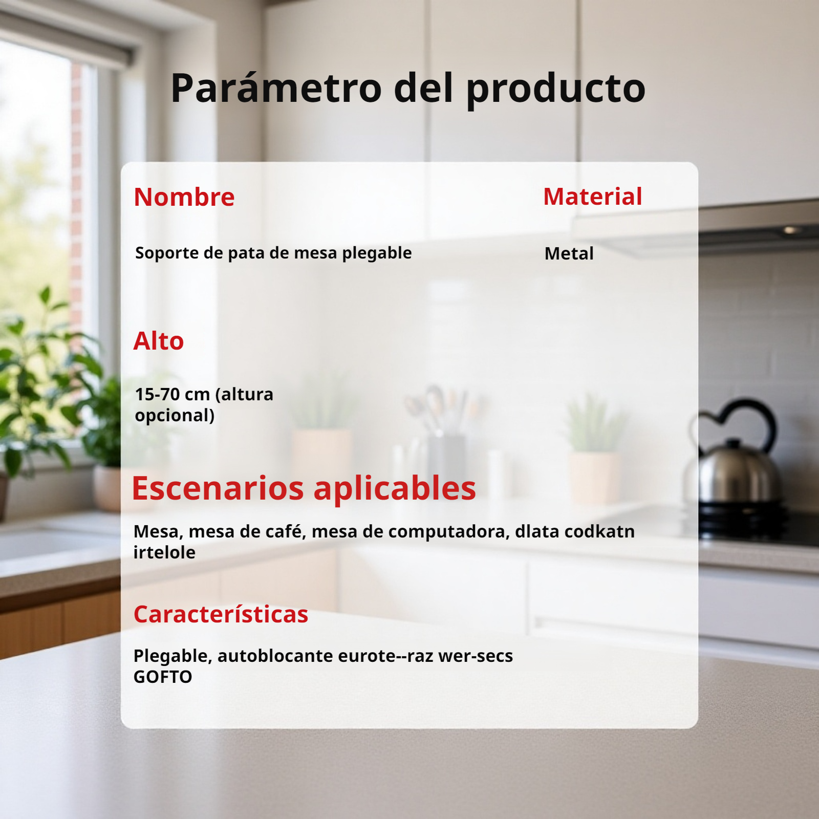 Mesa plegable con patas de soporte abatibles 90°