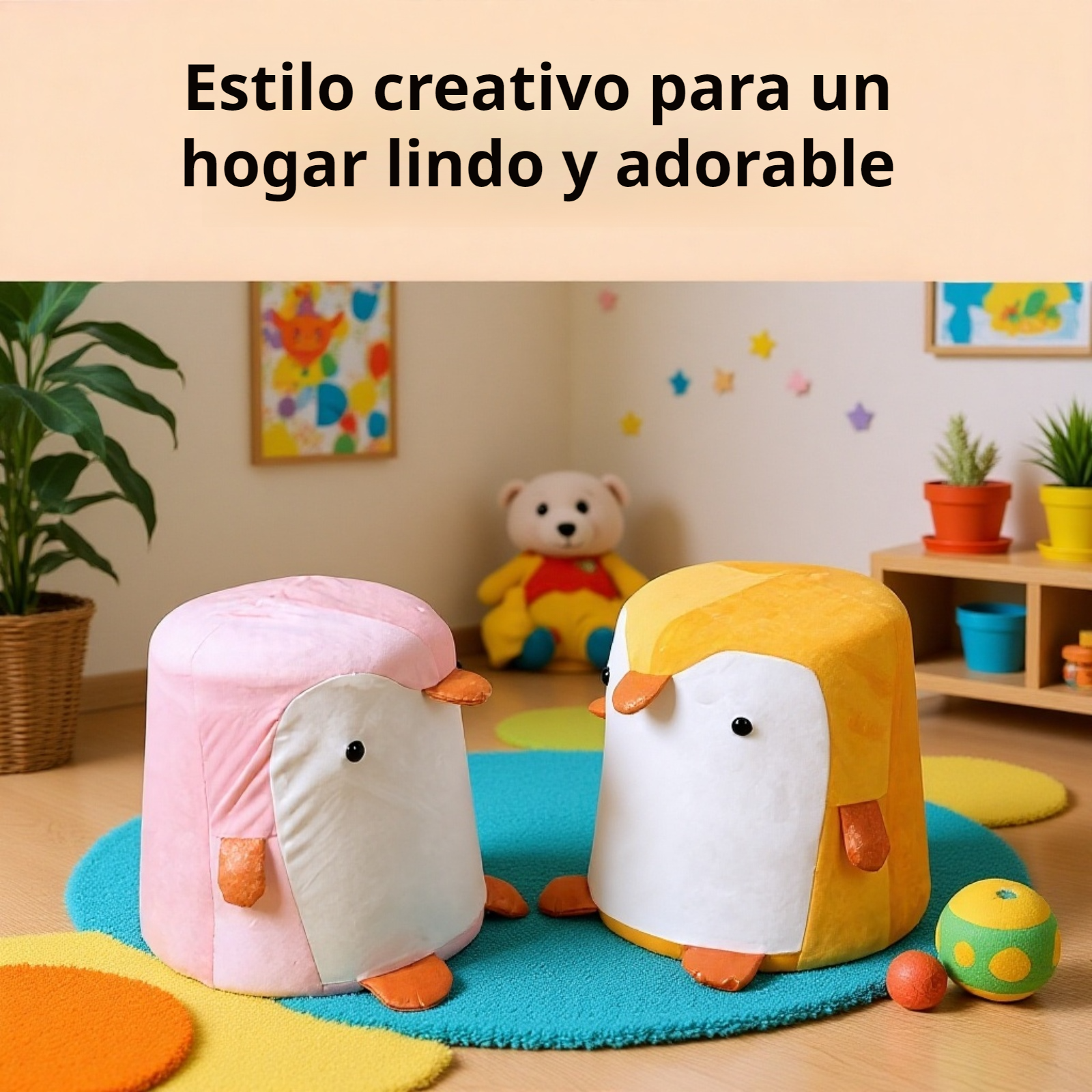 Taburete bajo creativo de madera maciza con pingüino de temática animal