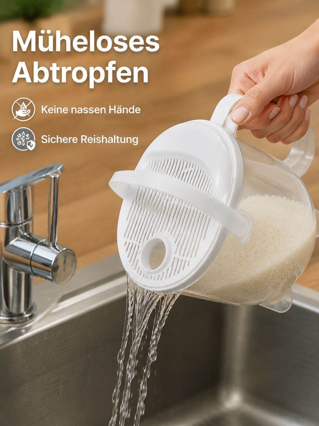 Freihändiger Reiskocher mit Abtropf- und Spülfunktion für Faule