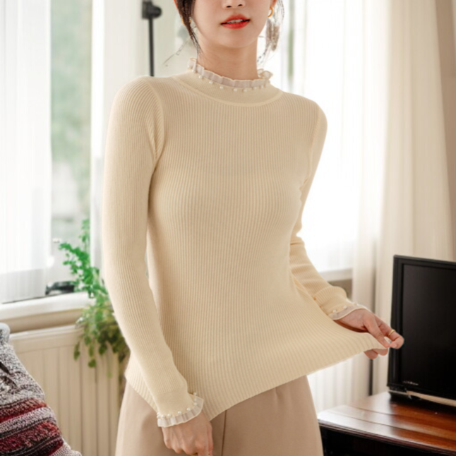 여성 블랙 루즈핏 니트 이너 반폴라 니트 레이스 이너 루즈핏 니트 풀오버 니트