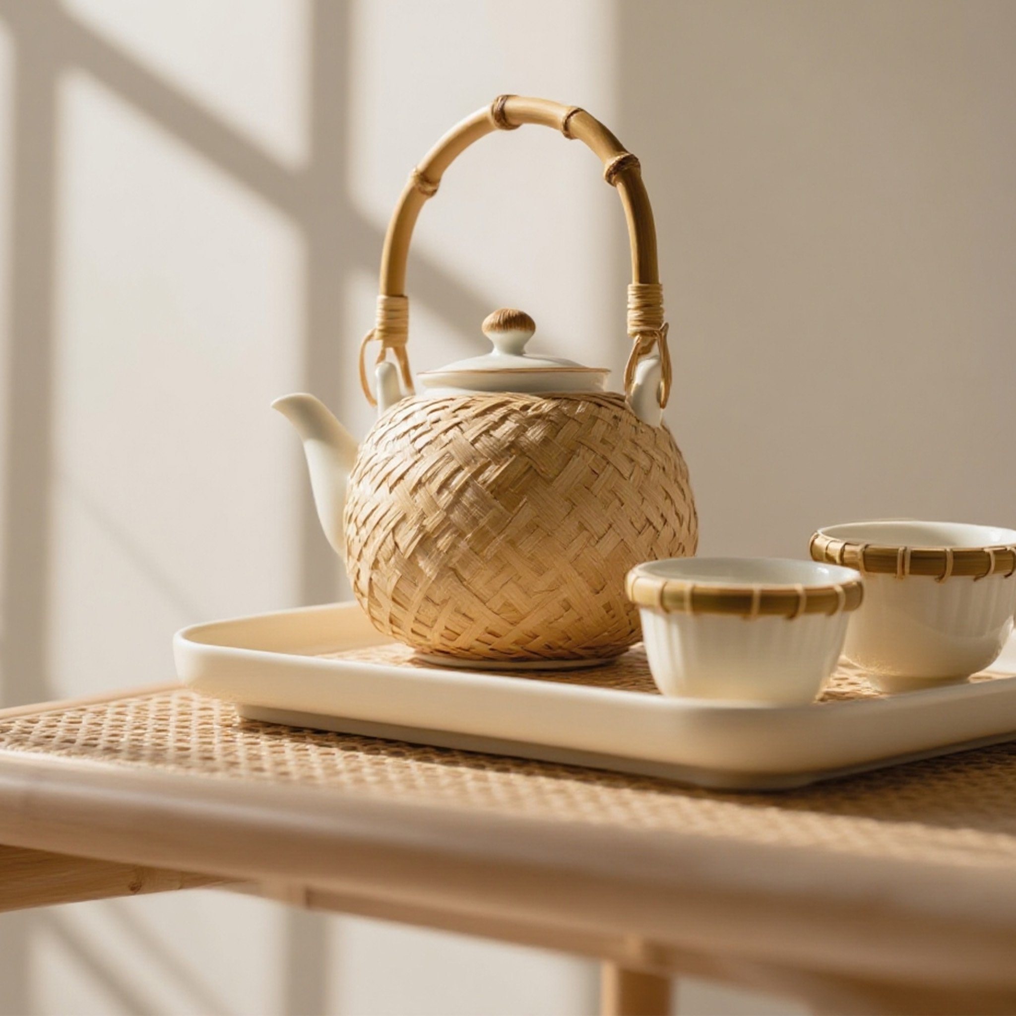 ชุดน้ำชาเซรามิกพร้อมถาดไม้ไผ่ธรรมชาติ