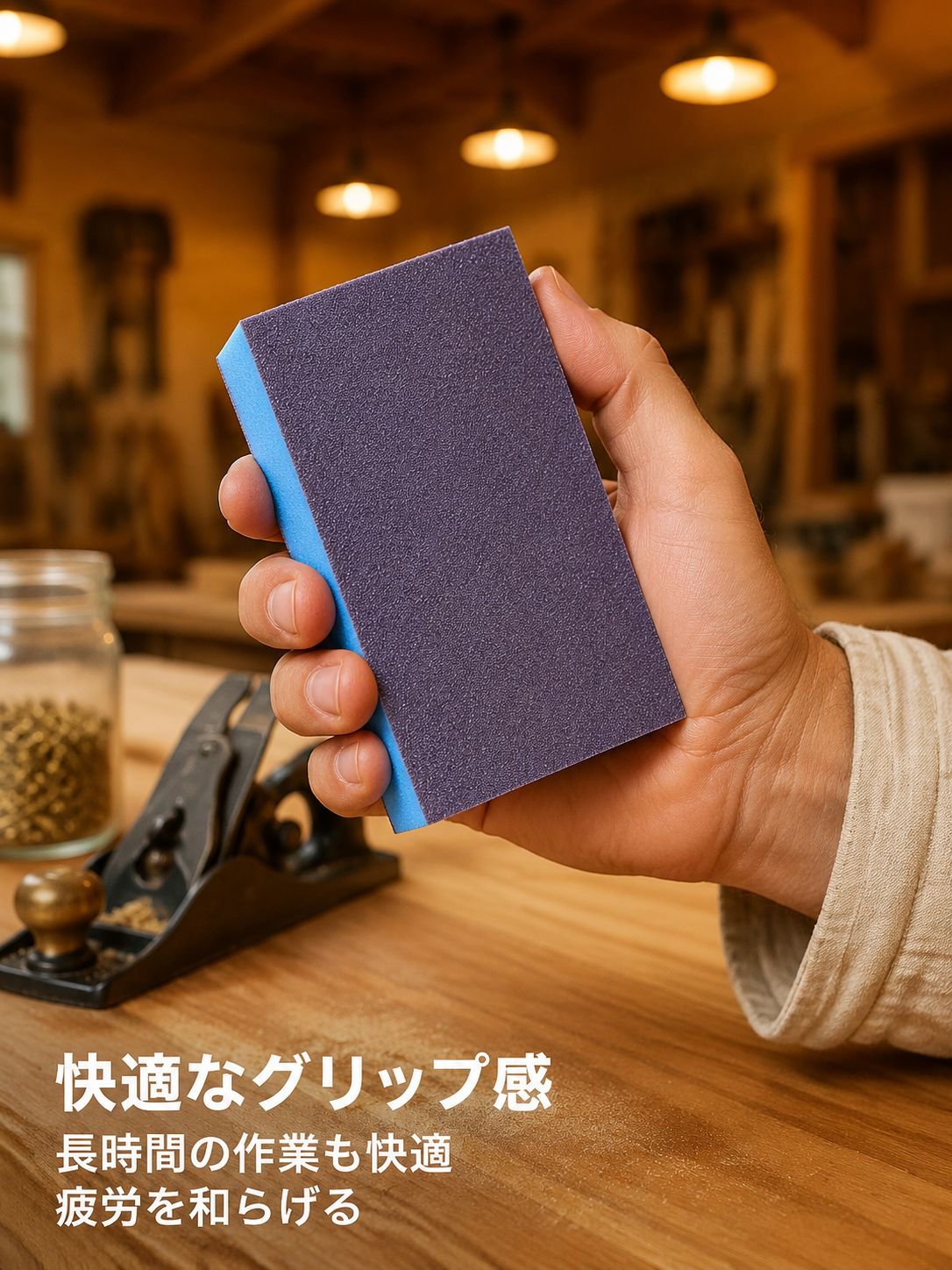 木工家具の研磨、下塗り研磨、金属壁面の高密度錆除去、目地シーリング、スポンジサンドペーパー、厚手の研磨ブロック。