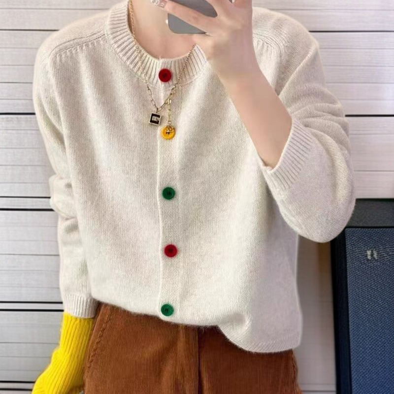 연령감소 쇼트 니트 카디건 코트 루즈 라운드 니트 카디건 단추 니트 카디건녀