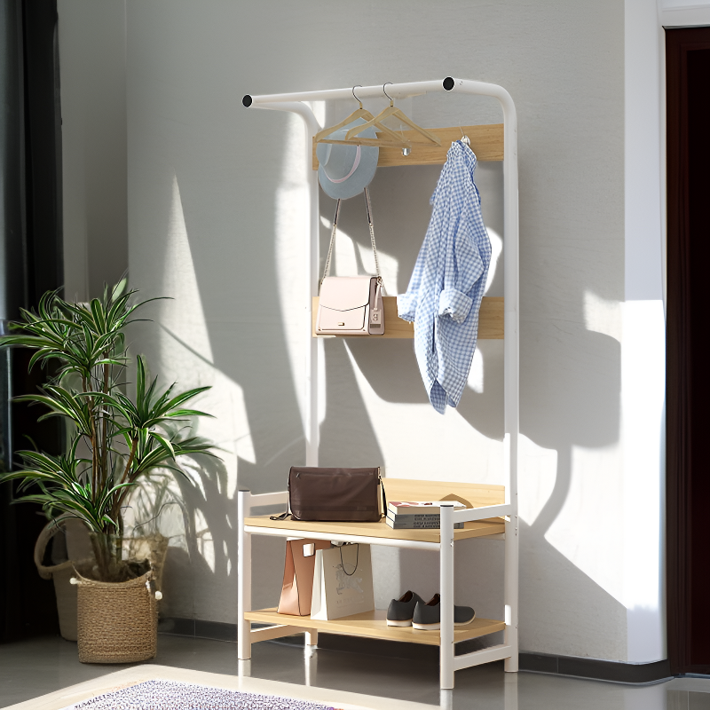 Wooden Hallway Stand with Integrated Hooks and Shoe Rack