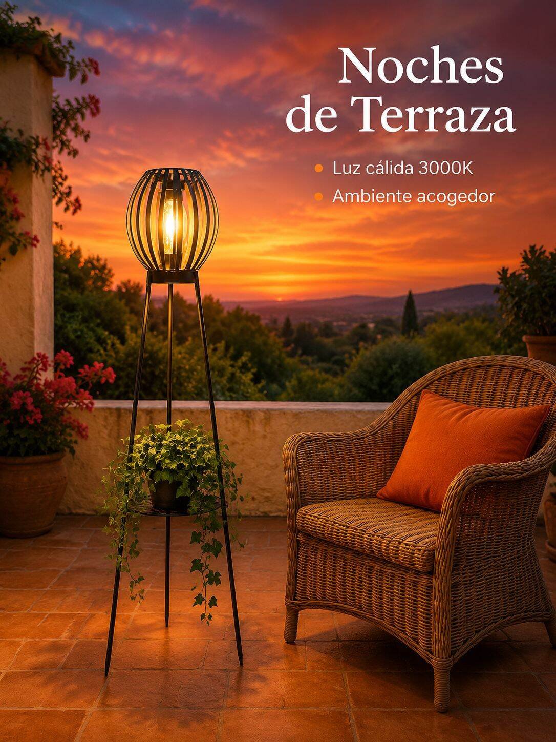 Lámpara solar de ambiente para jardín con trípode y cesta de flores