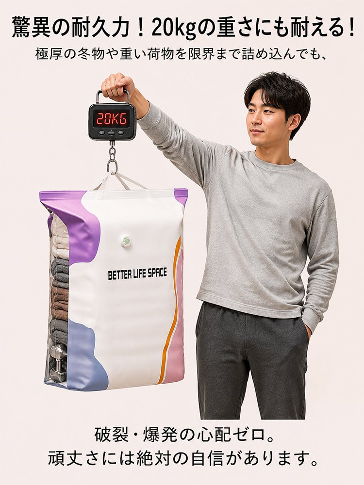 【掃除機・ポンプ完全不要】上に座って秒で片付く！クローゼットが瞬時に2倍になる【20kg耐荷重の超大容量】立体圧縮袋