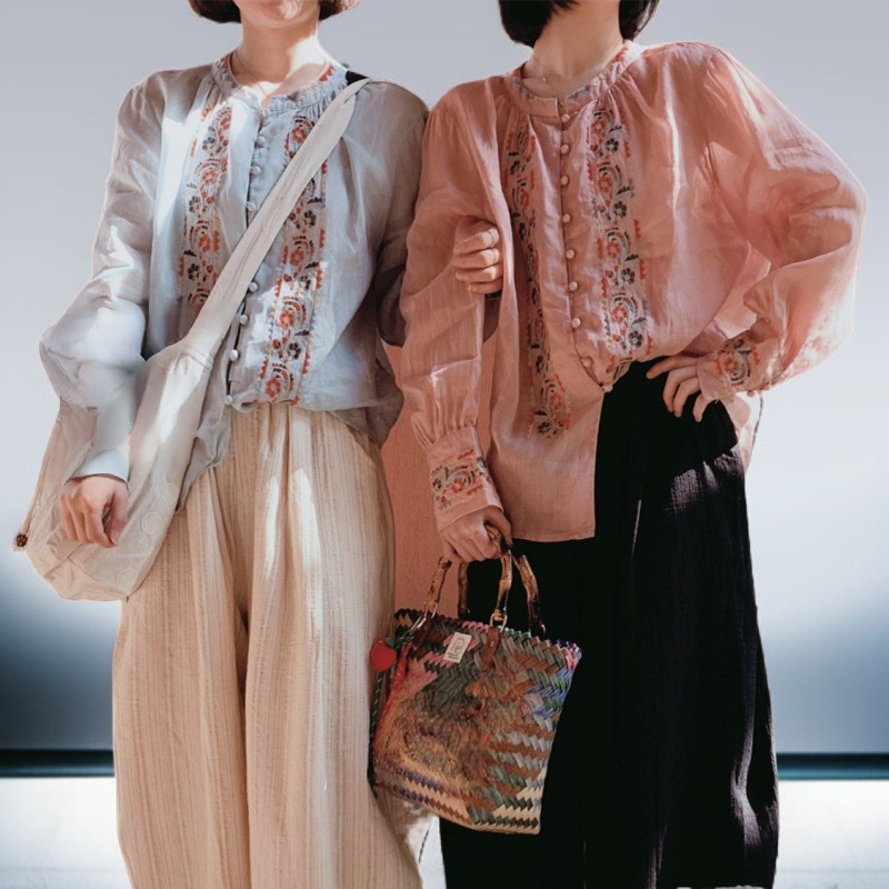 レディース レトロ刺繍入り長袖コットンリネントップス