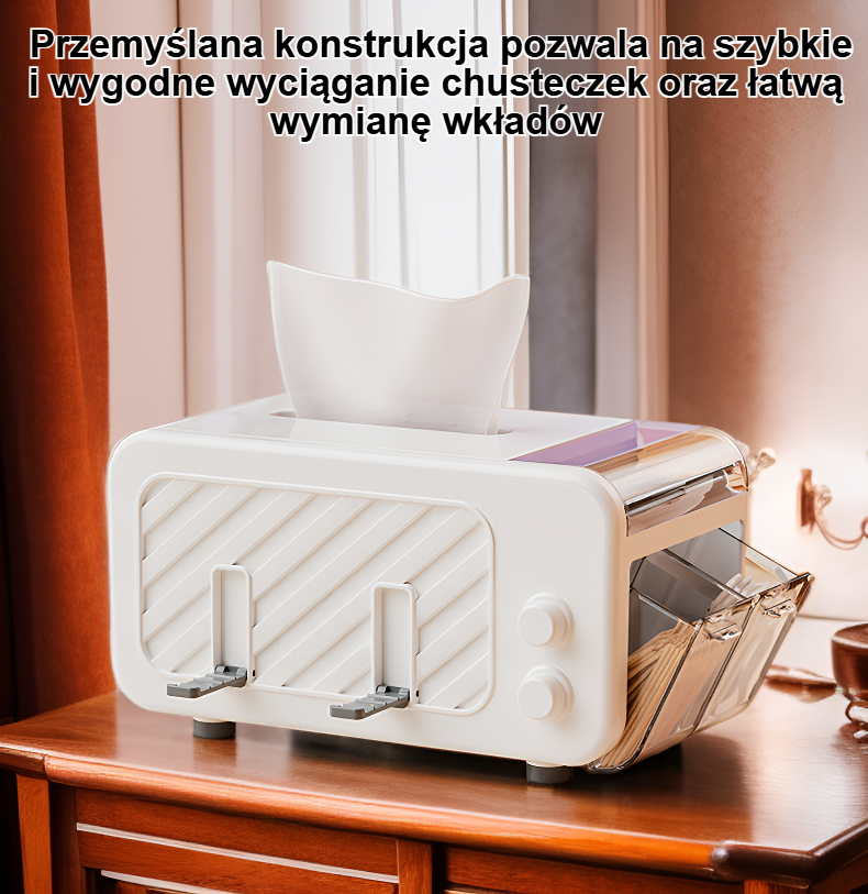 Gładkie pudełko na chusteczki z wielofunkcyjną szufladą – widok ogólny