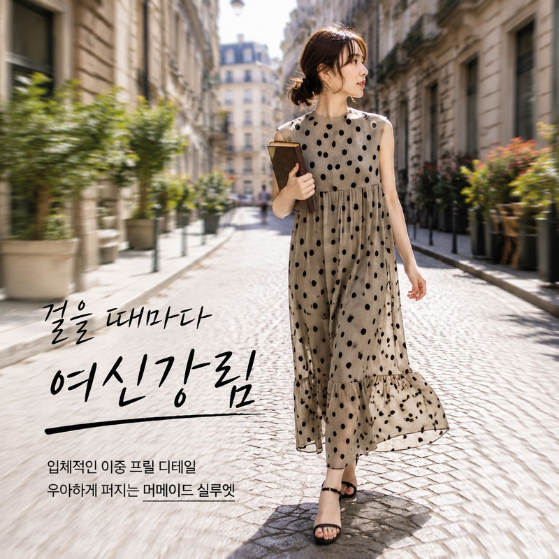 패셔너블 도트 패치워크 민소매 롱드레스