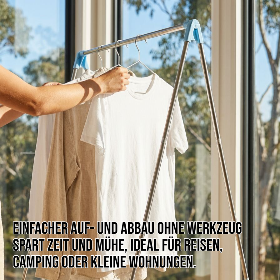 Zusammenklappbarer teleskopierbarer Wäscheständer aus Edelstahl im Einsatz