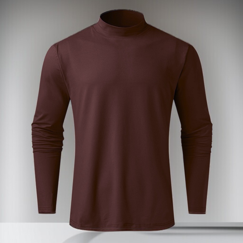 Men's solid color high neck long sleeved base shirt front view