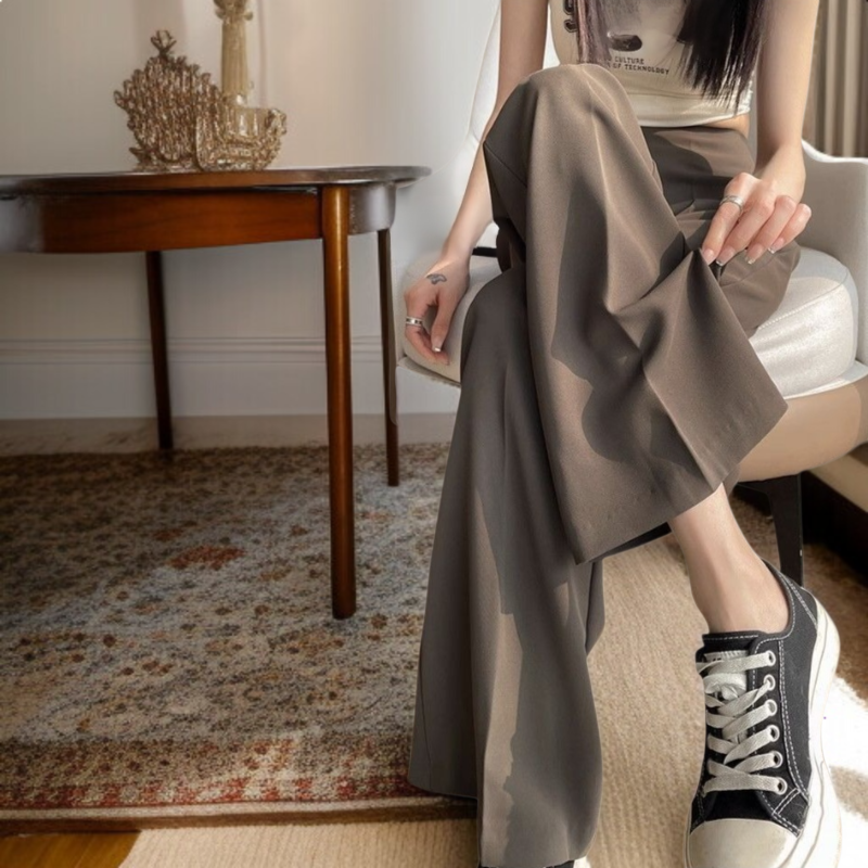 여성 봄가을 작은 키 슬림 와이드 팬츠 처짐 옆 지퍼 정장 팬츠 힙업 일자 팬츠 하이웨스트 캐주얼 팬츠