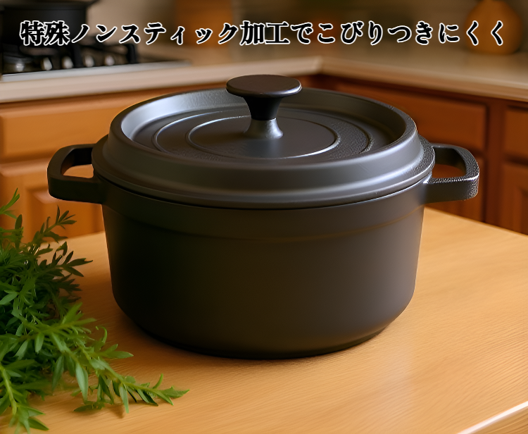 昔ながらの両手鋳鉄製ノンスティックシチュー鍋の全体画像