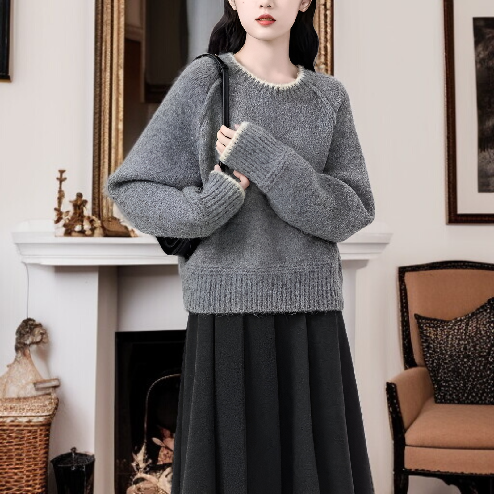 2025年秋冬新作 ラウンドネック カラーブロック プルオーバー ニット セーター 韓国風 ファッショナブル デザイン 長袖 セーター トップス ゆったり フィット 快適 暖かく 防寒