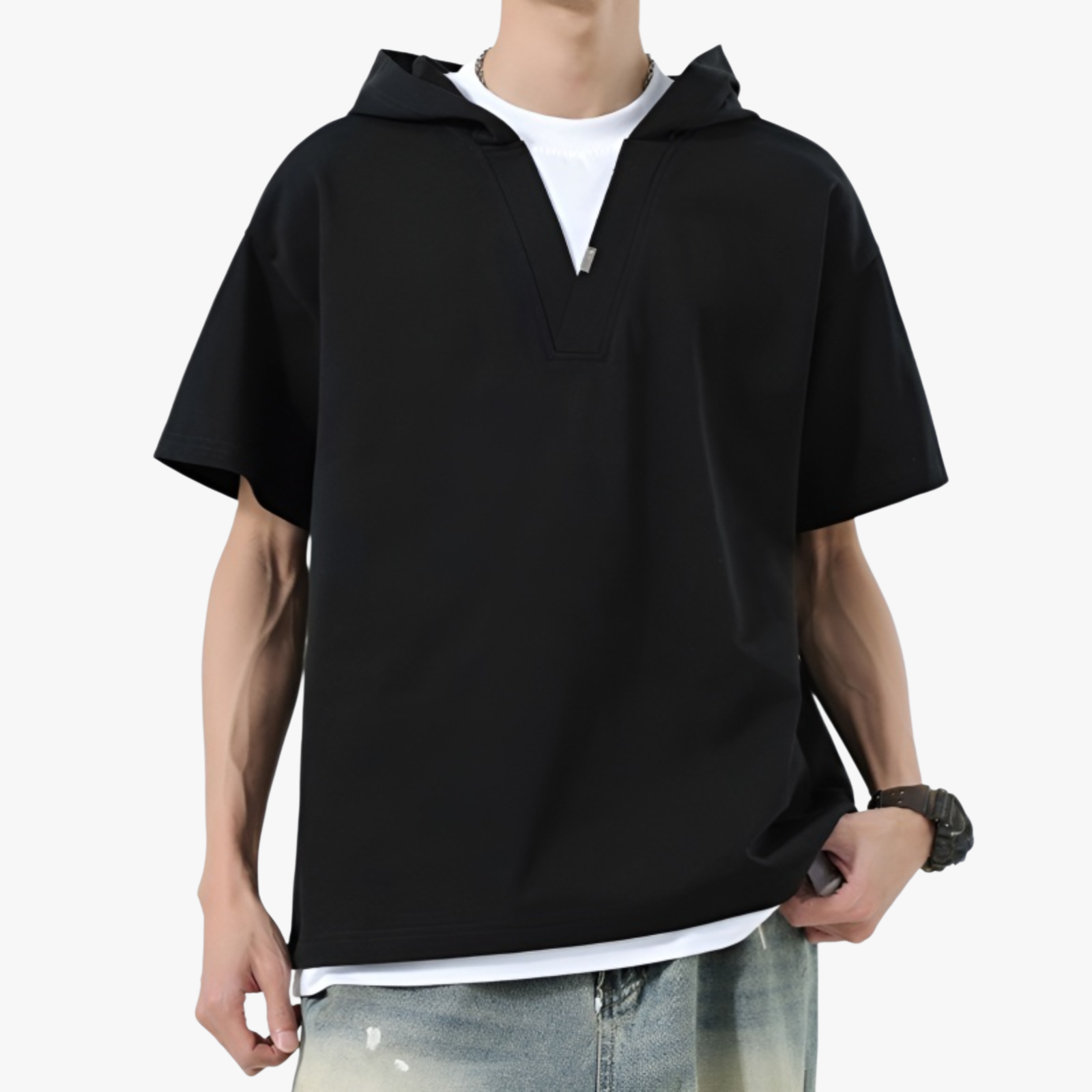 メンズゆったりストリートレイヤード風フード付き半袖Tシャツ 280gコットン 春夏新作