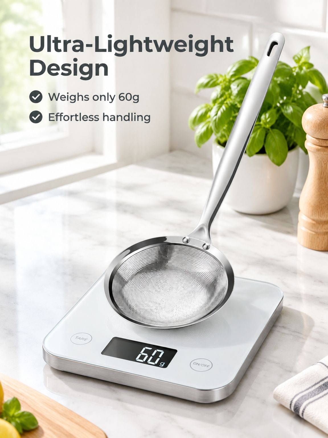 Kitchen utensil skimming foam from soup