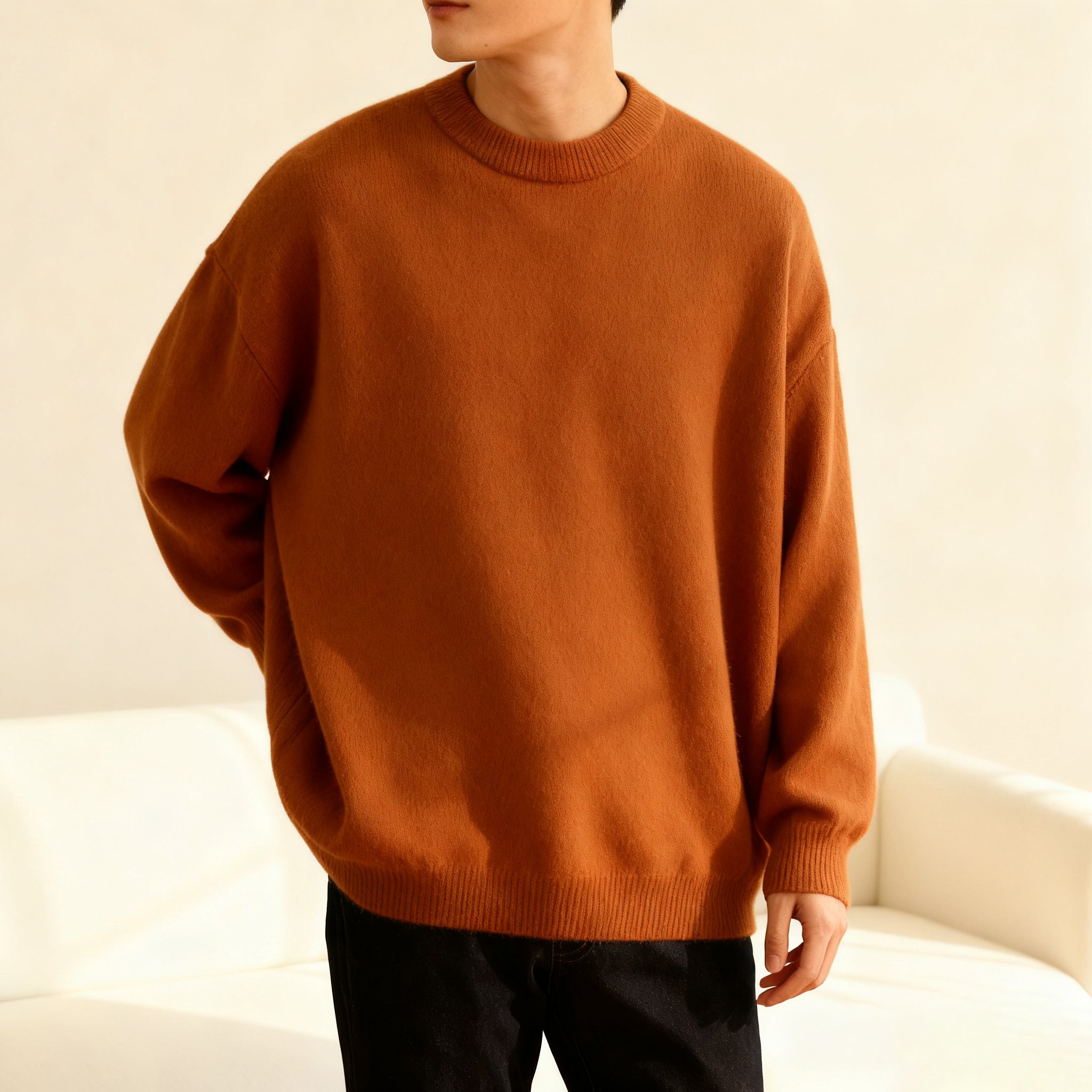 여성 모델 착용 소프트 터치 라운드넥 니트