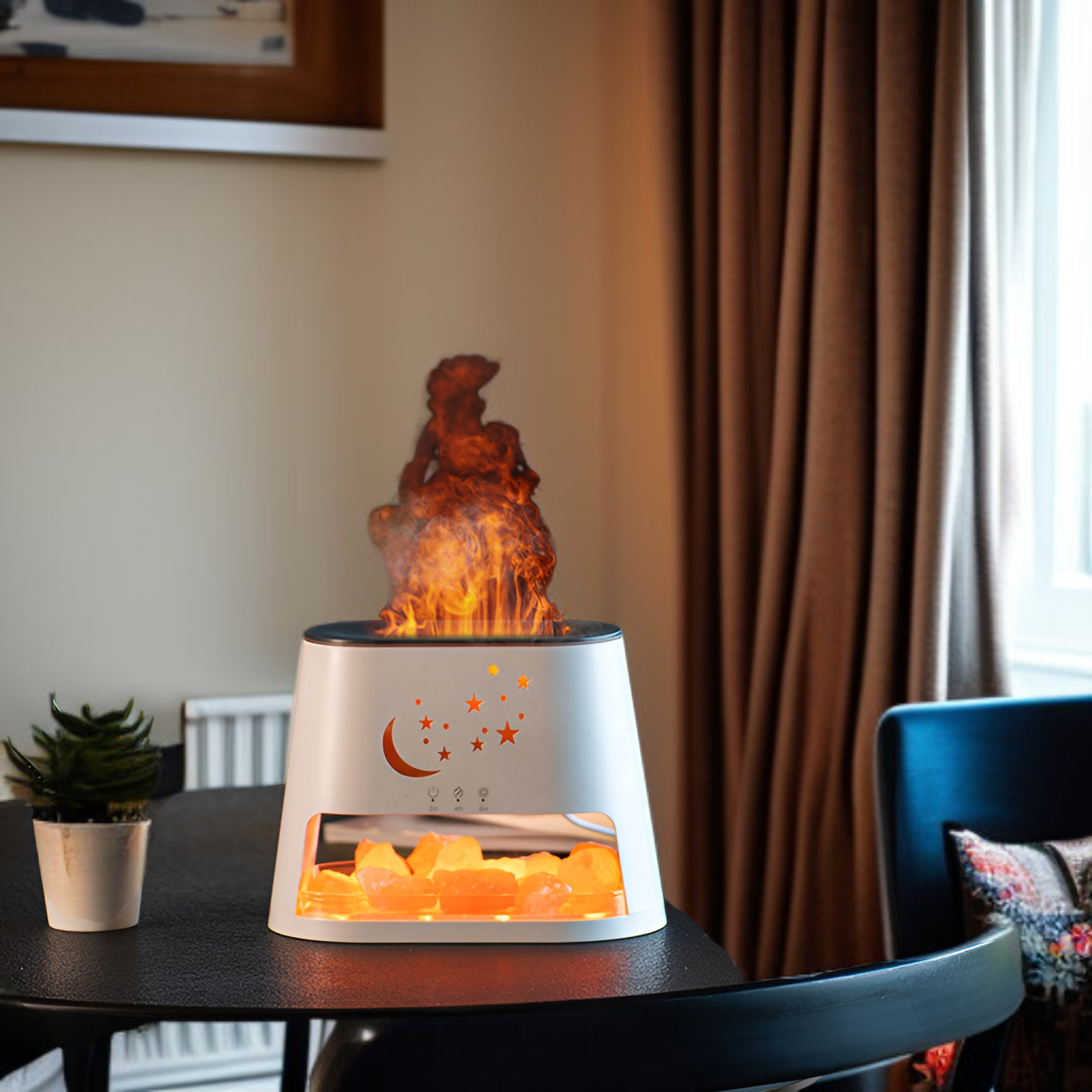 2025年新登場 天然ヒマラヤ岩塩炎アロマセラピーディフューザー 焚き火加湿器 超音波マイナスイオン リモコン付き 3段階調光 乾燥やけど防止 卓上USB大容量ミスト カラフルLEDライト付き エッセ