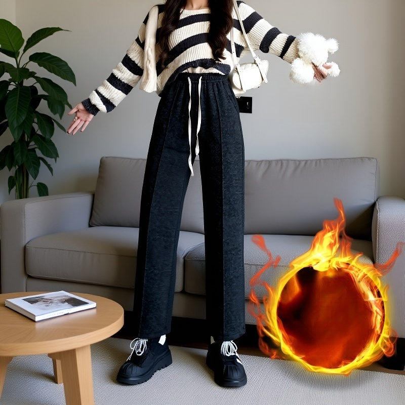 秋冬 ハイウエスト ストレートレッグ ウール パンツ（フリース裏地付き）