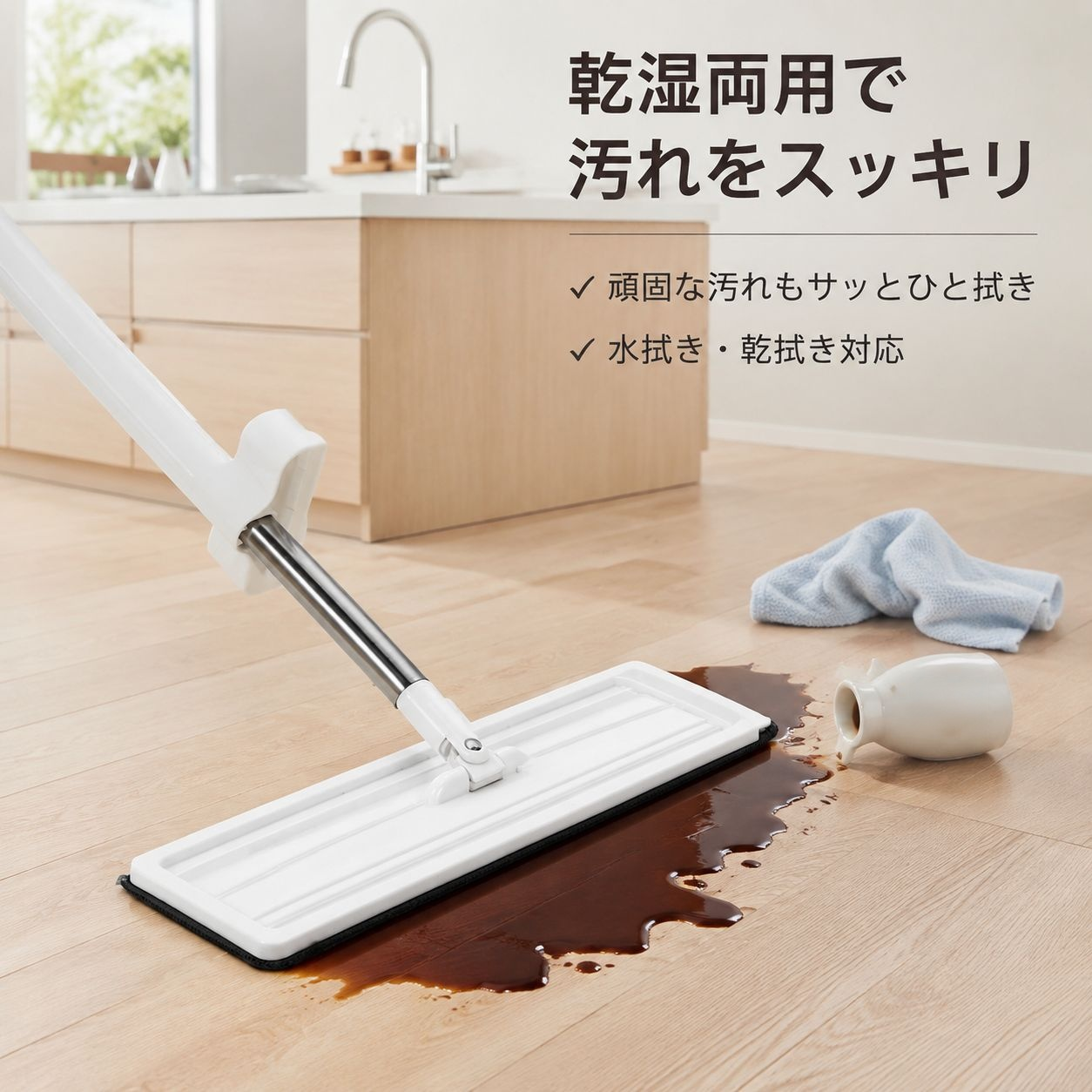 新作 リビング用 ハンズフリー フラットモップ 回転式 大型 ロング柄 乾湿両用 フローリング用