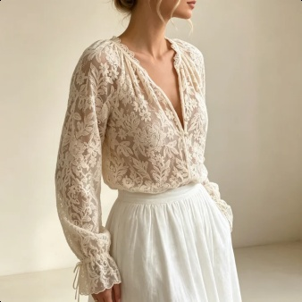 Elegante Damenbluse im europäischen Stil mit floraler Lochstickerei und Wellensaum
