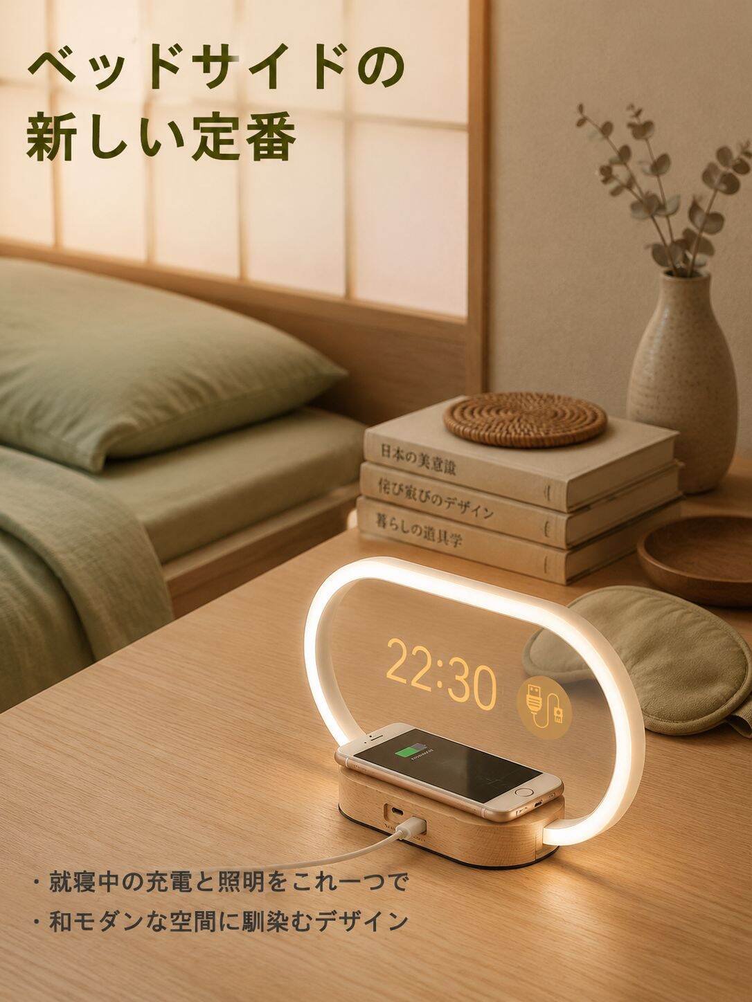 時間表示機能付き多機能スマホ・腕時計用ワイヤレス充電器 アクリルナイトライト付き ギフトおすすめ