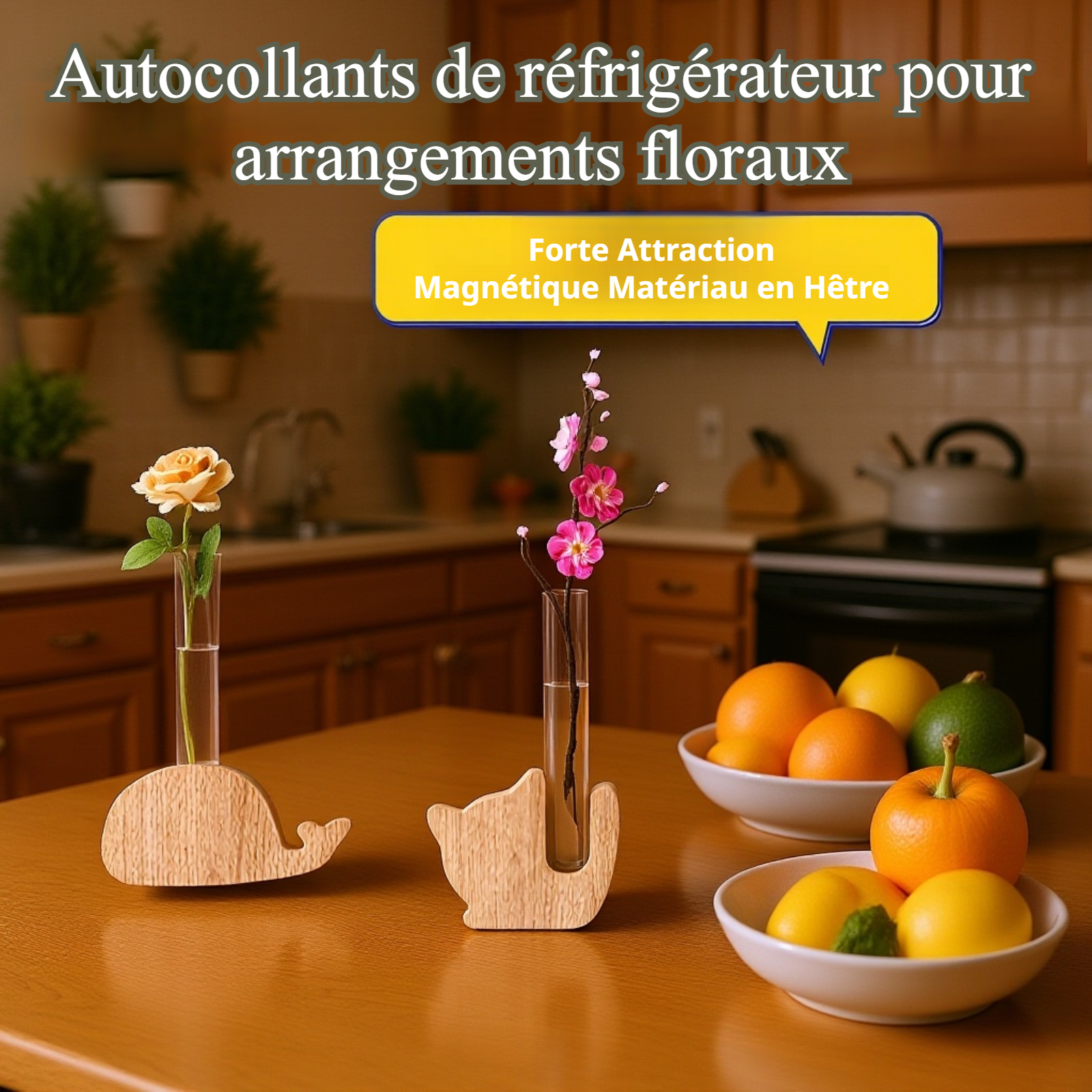 Vase magnétique en tube à essai en bois naturel sur réfrigérateur