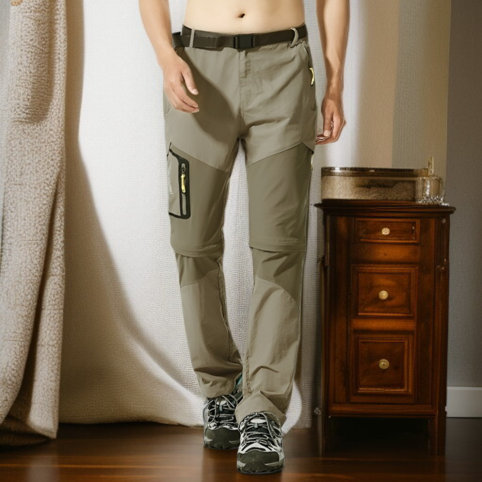 メンズゆったり速乾登山パンツ ショートにもなる2WAYワークパンツ