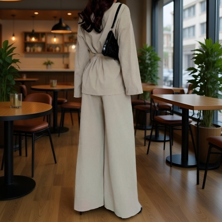 طقم عصري مع ياقة على شكل V ورباط عند الخصر