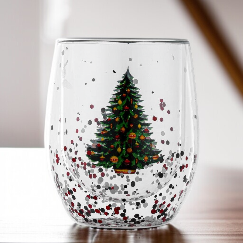 Weihnachtsbaum-Glasbecher mit doppelter Wand und beweglichen Pailletten