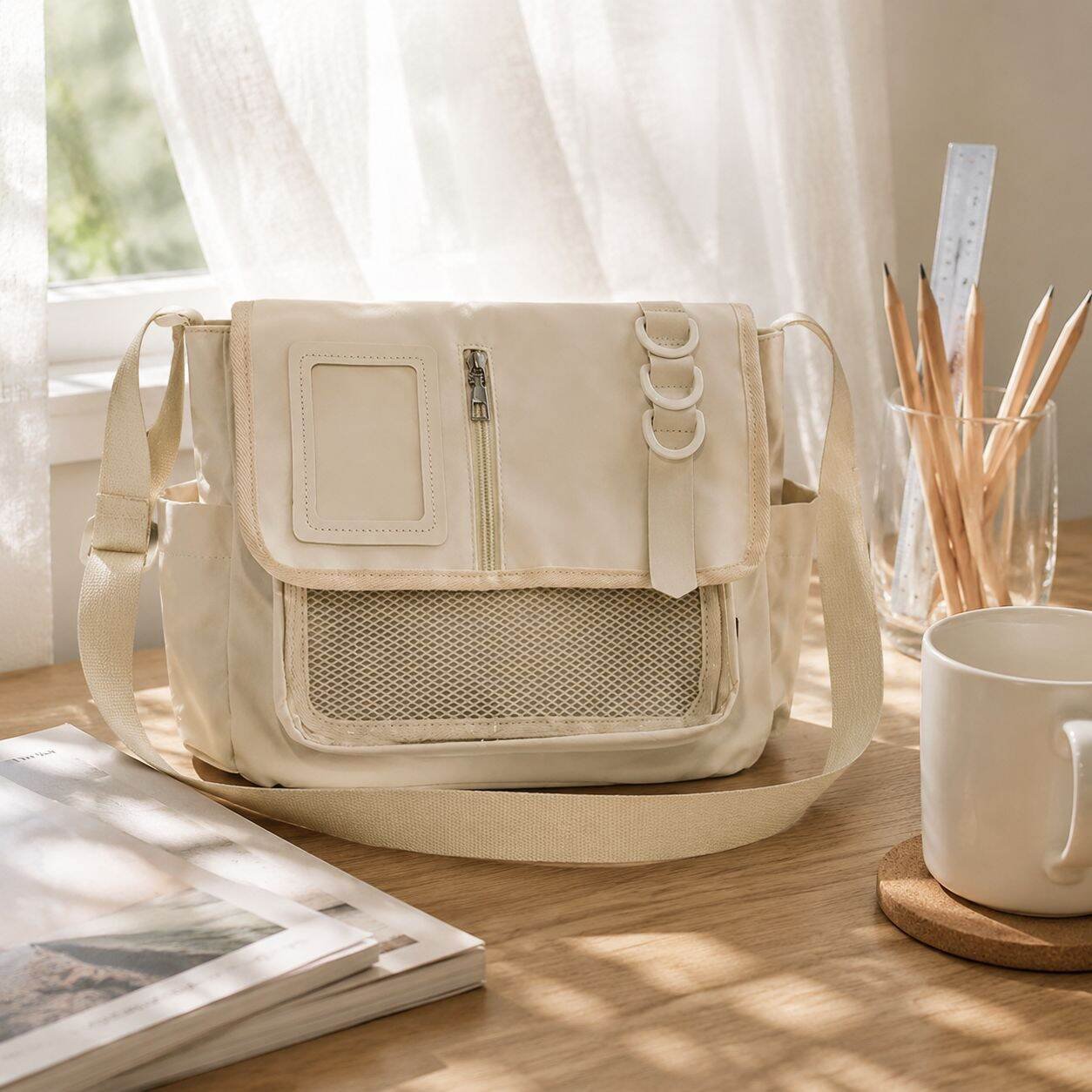 日系尼龍拼接手提單肩包 透明休閒痛包