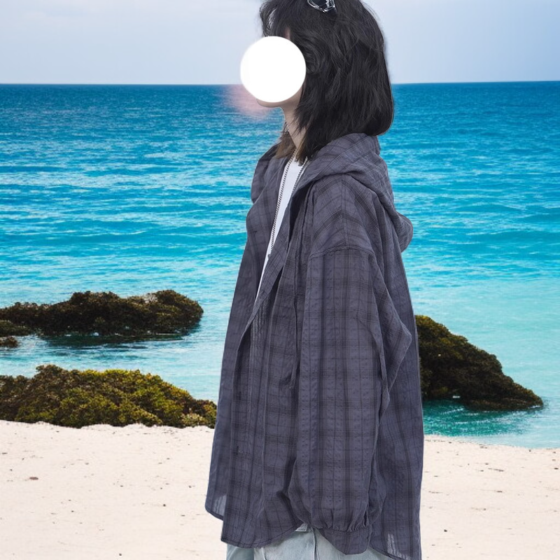 男性用グレーのフード付きチェック柄長袖シャツ、高級でハンサムな日焼け防止シャツ、ゆったりとしたゆったりとしたドレープのカジュアルジャケット