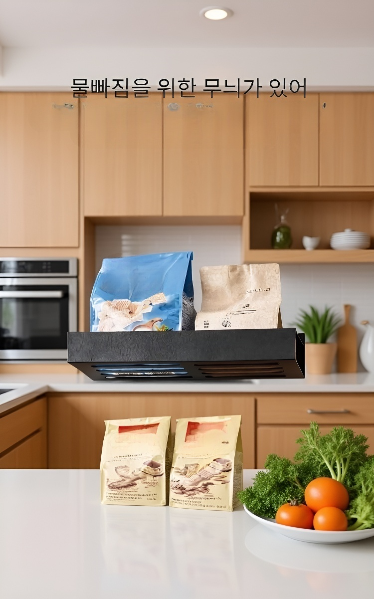 주방 벽에 설치된 마그네틱 선반 사용 예시