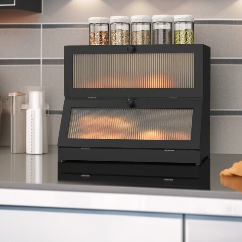 Double-layer bamboo bread box acrylic detachable fruit storage box solid wood snack bread box storag